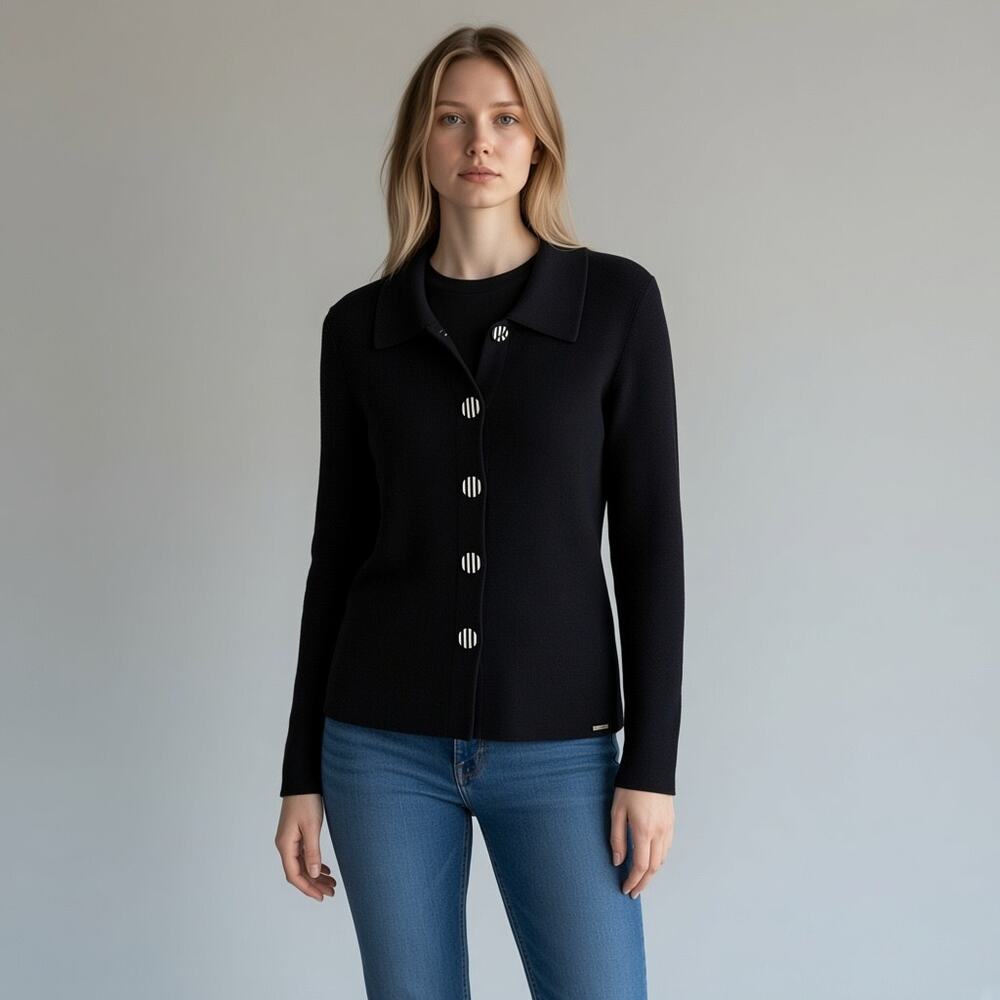 Saint James Wool Blend Button Front Sweater Women's Sz 4 Navy Long Sleeve France